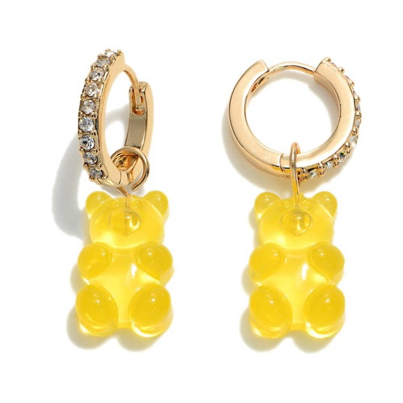 Judson Jewelry - Yellow Candy Bear Charm Crystal Huggie Hoop Earrings